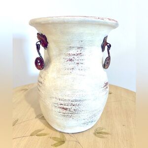 Vintage Rustic White Distressed Heavy Pottery 10 inch Vase with Rusty Accents